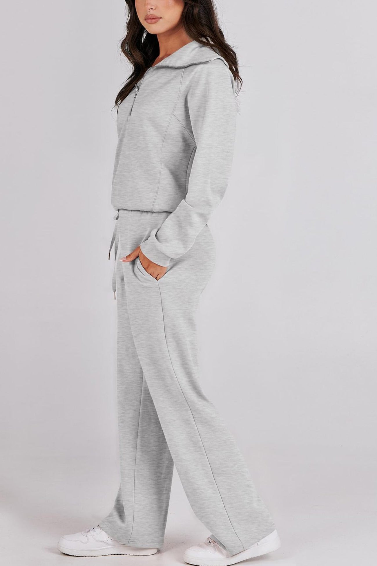 Maxct Lapel Zip-up Sweatshirt Wide Leg Long Pants Set