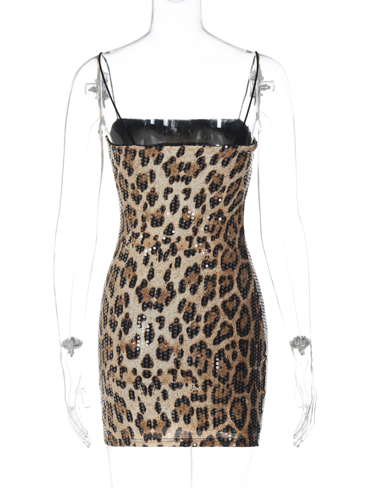 Leopard Print Spaghetti Shoulder Strap Square Collar Mini Dress Sparkly Sequins Party Club Y2K Clothes