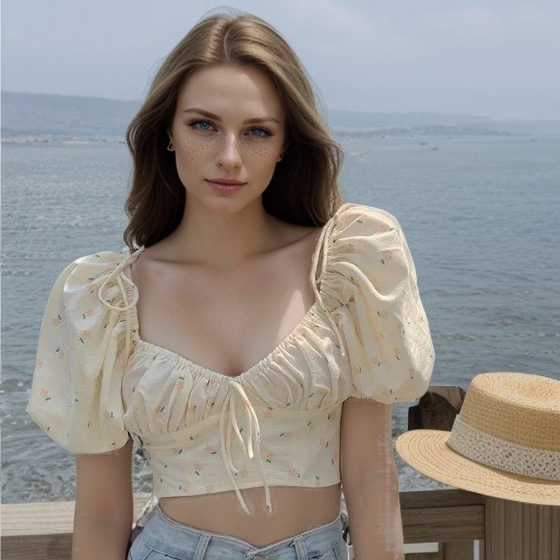 Maxct Sweet Floral Shirt Women French Vintage Square Collar Puff Sleeve Folds Elastic Slim-Fit Crop Top Chic