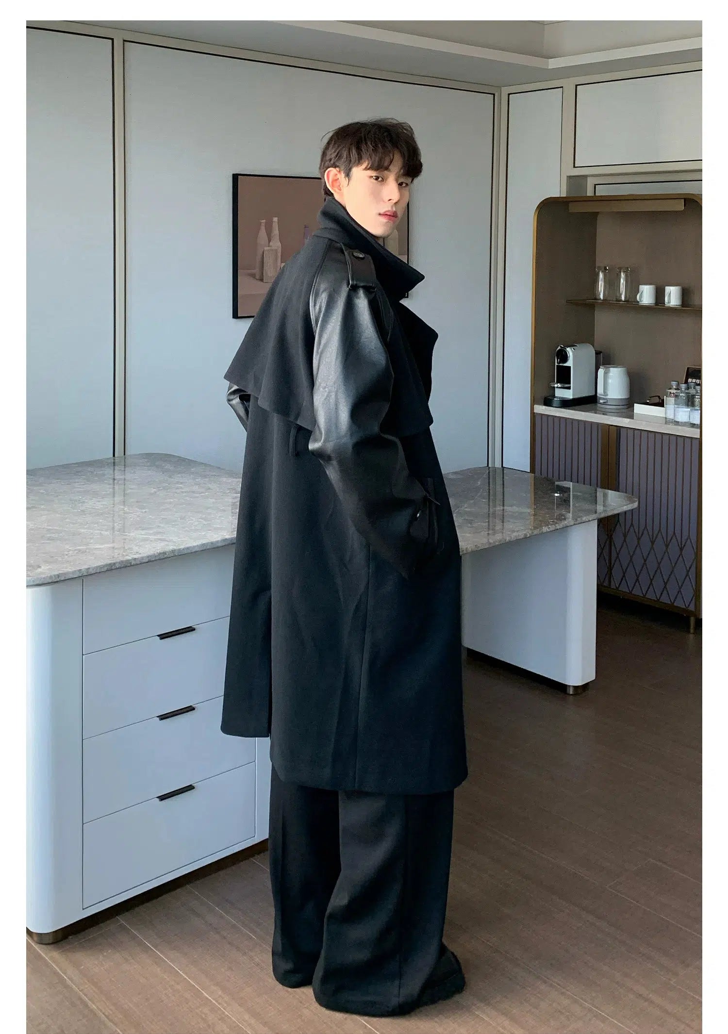 Maxct PU Leather Patchwork Wool Trench Coat