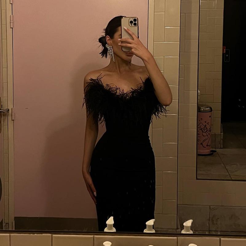 Maxct High-end Trendy Niche Designer Evening Dress Autumn And Winter Women's Clothing Trend Ostrich Hair Gowns Bandage Dress Women