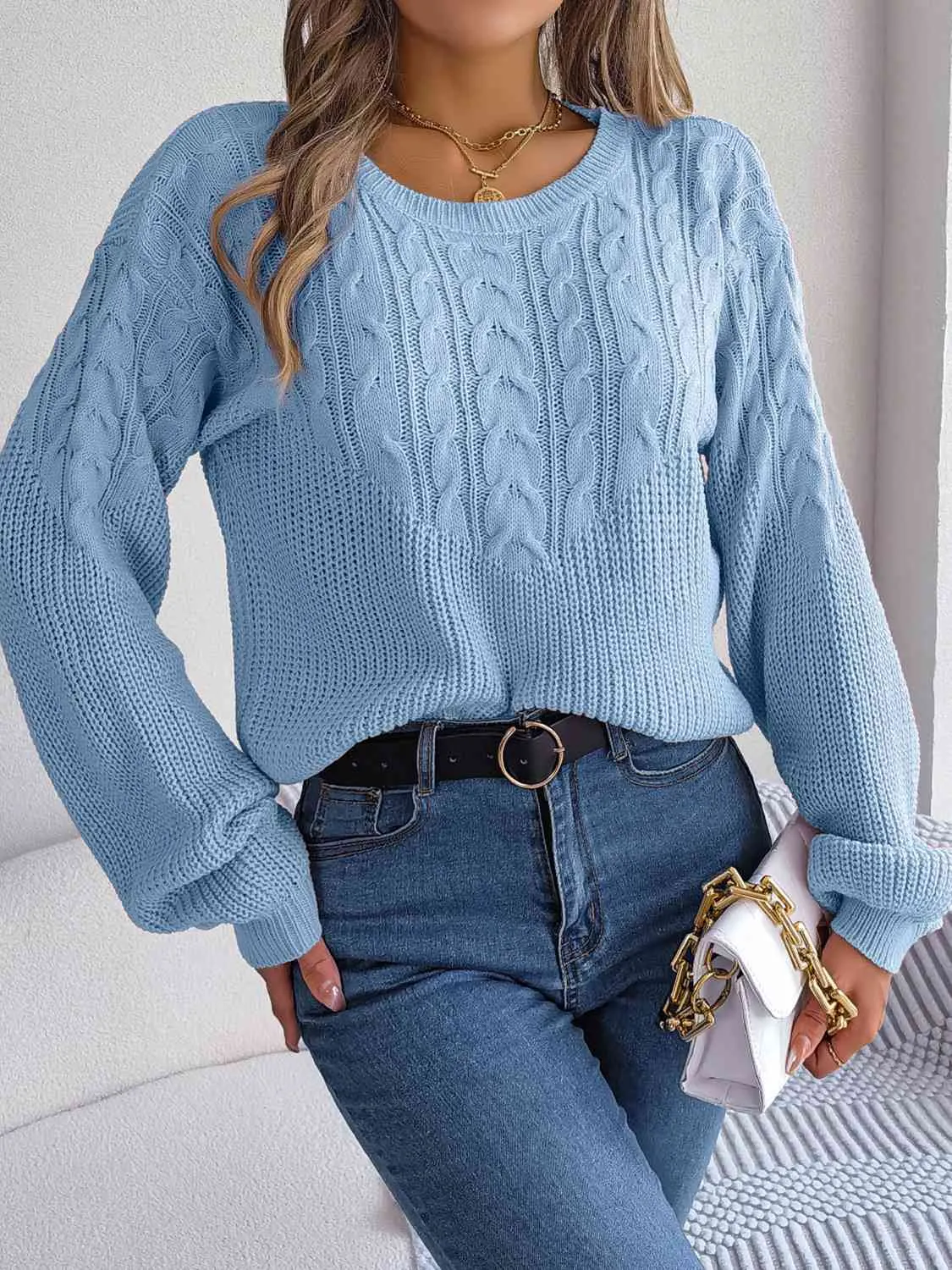Maxct &Cable-Knit Round Neck Drop Shoulder Sweater