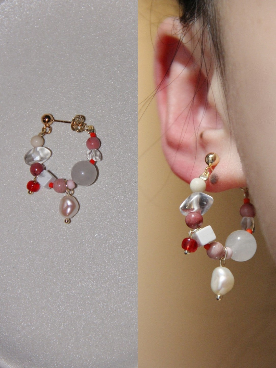 「Chinoiserie」Natural Jade Pink Ballet Girl Asymmetrical Earrings