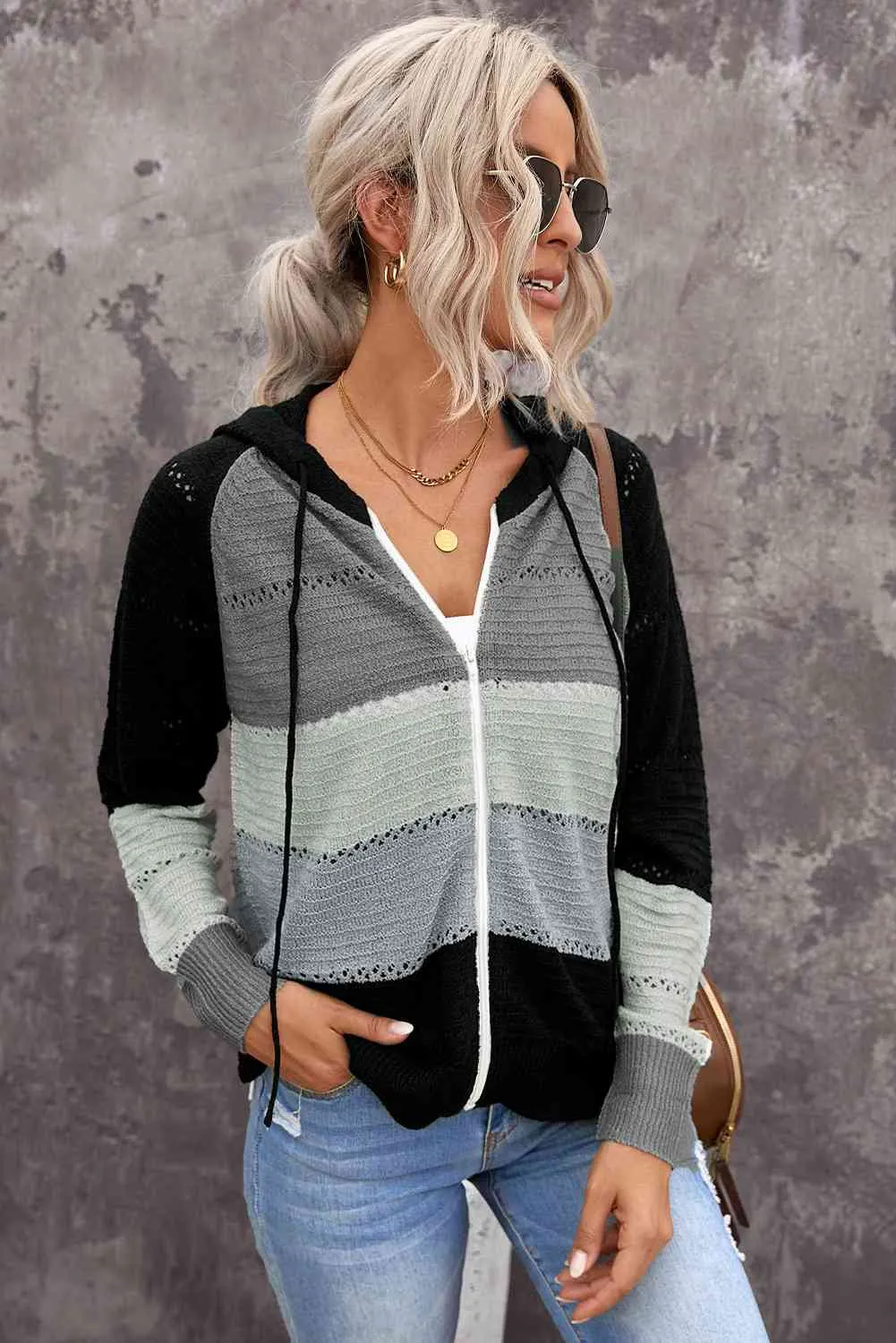 Maxct &Zip-Up Raglan Sleeve Openwork Hooded Cardigan - Image 10
