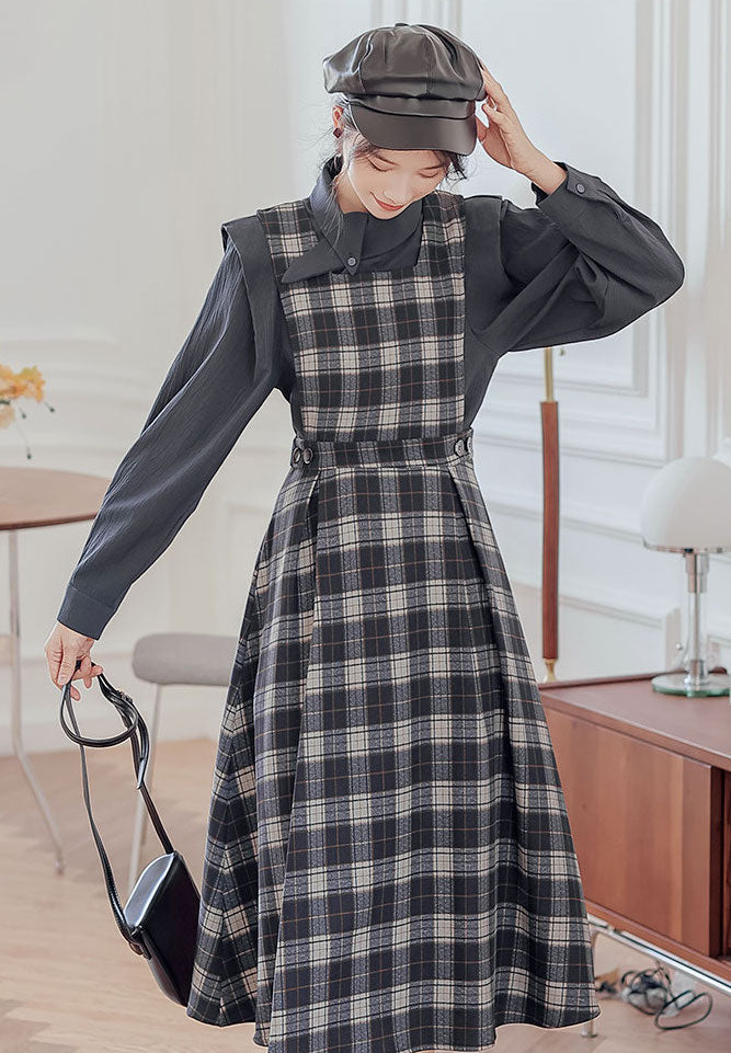 Crepe Plaid Pinafore Dress Set Maxct
