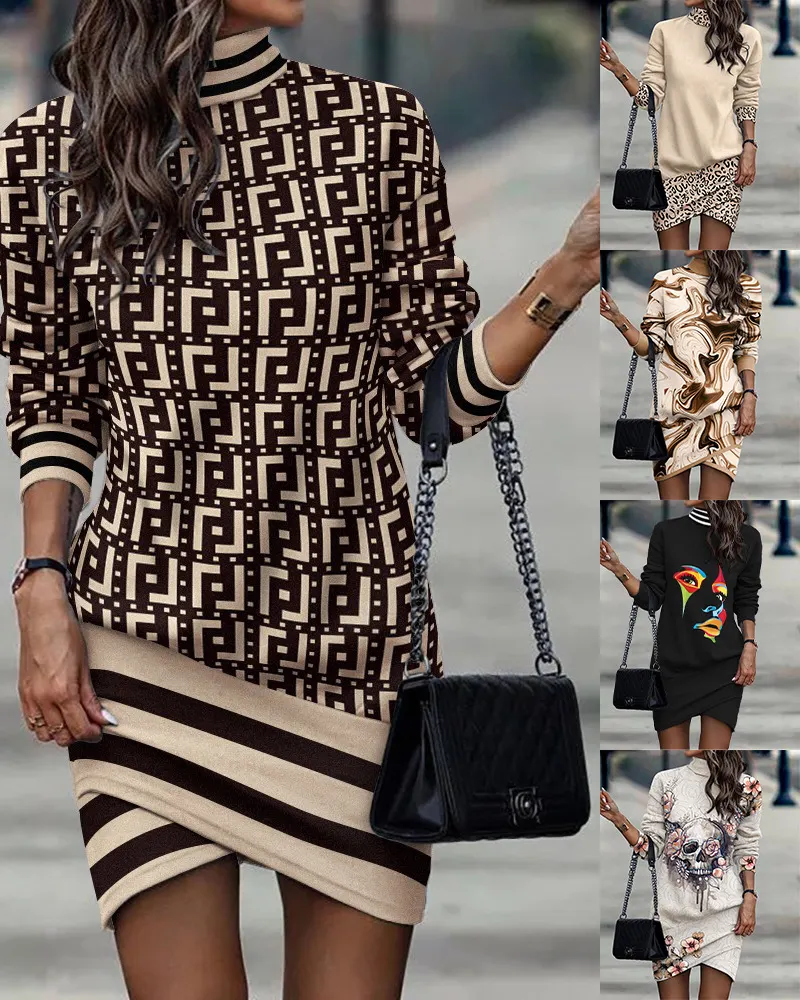 Maxct Independent Station Autumn New Long-Sleeved High-Necked Printed Dress For Women