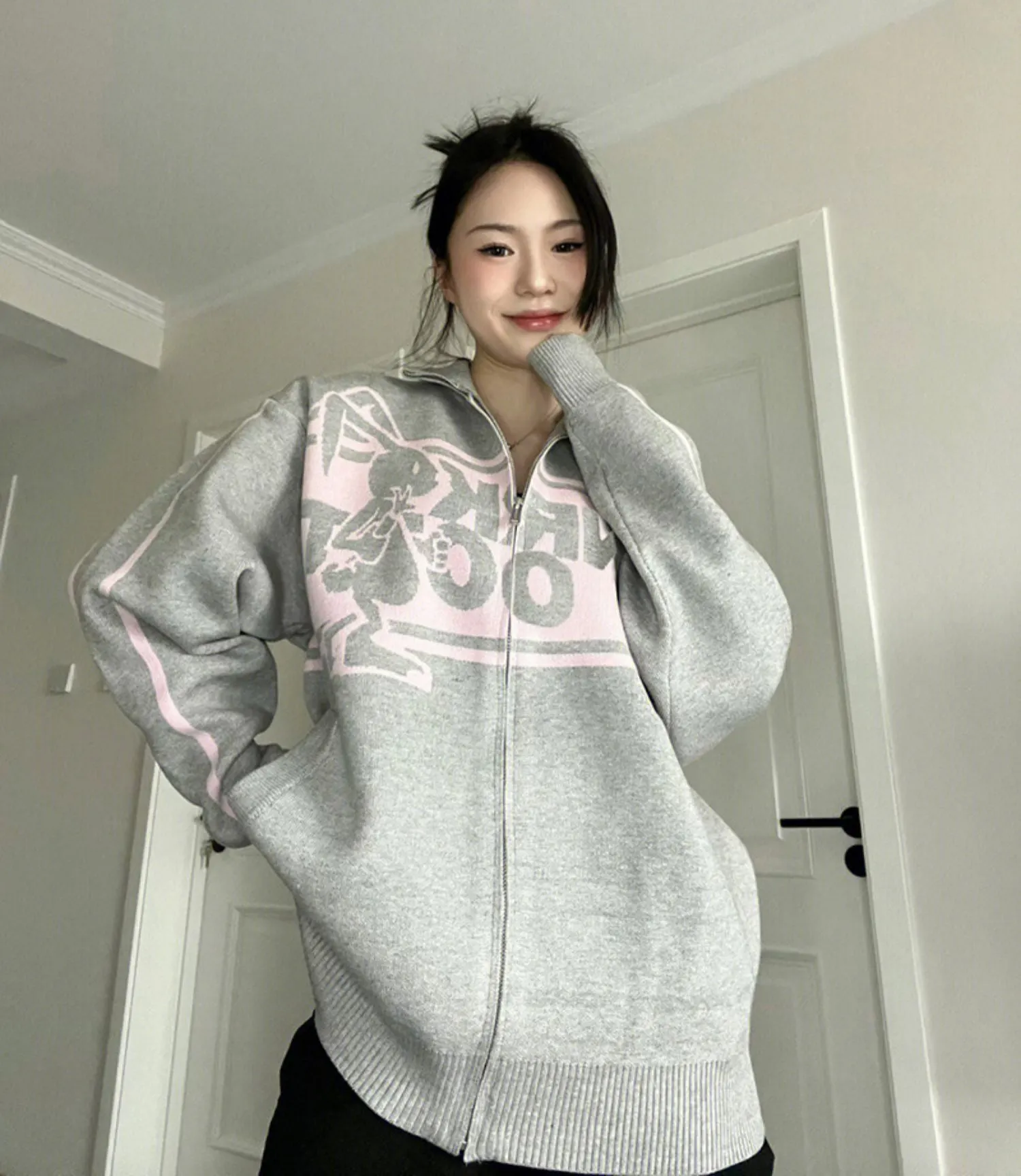 Maxct Rabbit Print Oversized Zip Up Cardigan