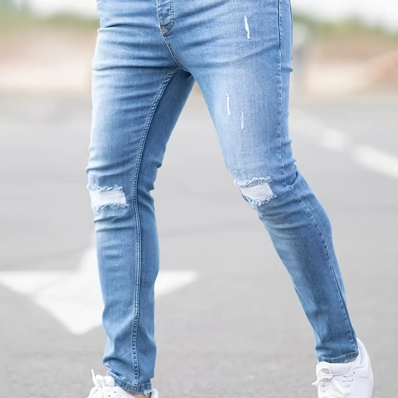 Maxct  Slim Fit Ripped Jeans, Men's Casual Street Style Distressed Mid Stretch Denim Pants For Spring Summer