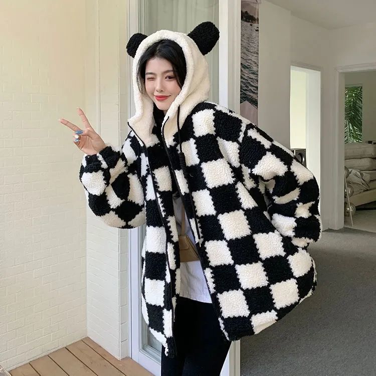 Checkered Cozy Bear Ears Zip-Up Hoodie for Women - true deals club