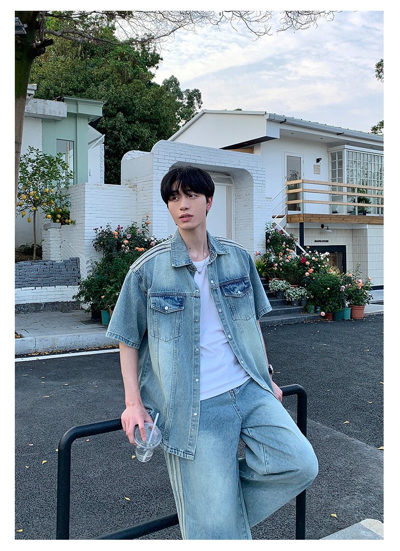Maxct 90s Streetwear Niche Vintage Washed Padded Shoulder Short Sleeve Denim Shirt Spring And Summer New Korean Style Design Sense Shirt Coat Top - Image 10
