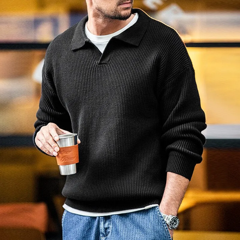 Maxct Open Neck Collared Rib Knit Sweater