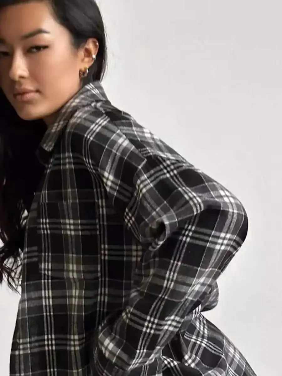Maxct Retro Lapels Lattice Loose Shirt For Women Single-Breasted Long Sleeves Stripe Summer New Casual Versatile Pocket Shirt
