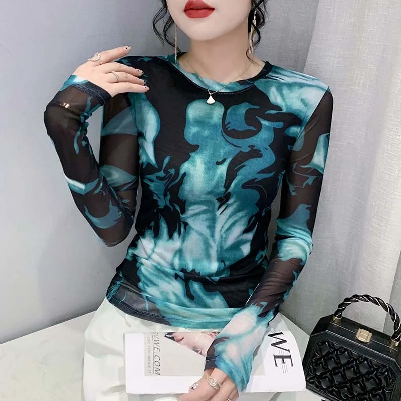 Maxct Full Sleeve O-Neck T-shirt Girls Stretchy Printed Mesh TShirts Tops Woman Stretchy Slim Tee