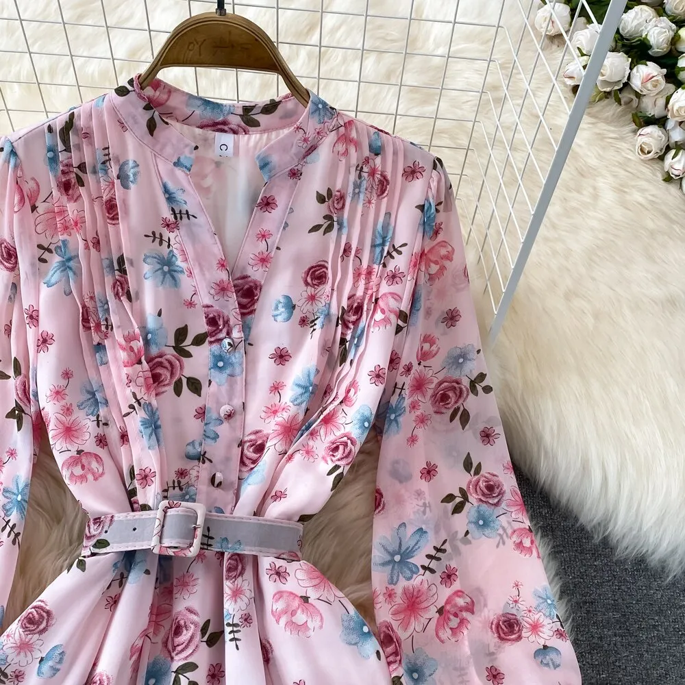 Floral Midi Dress Women Elegant V-Neck Lantern Long Sleeve High Waist Draped A-Line Casual Vestidos Female Spring Autumn