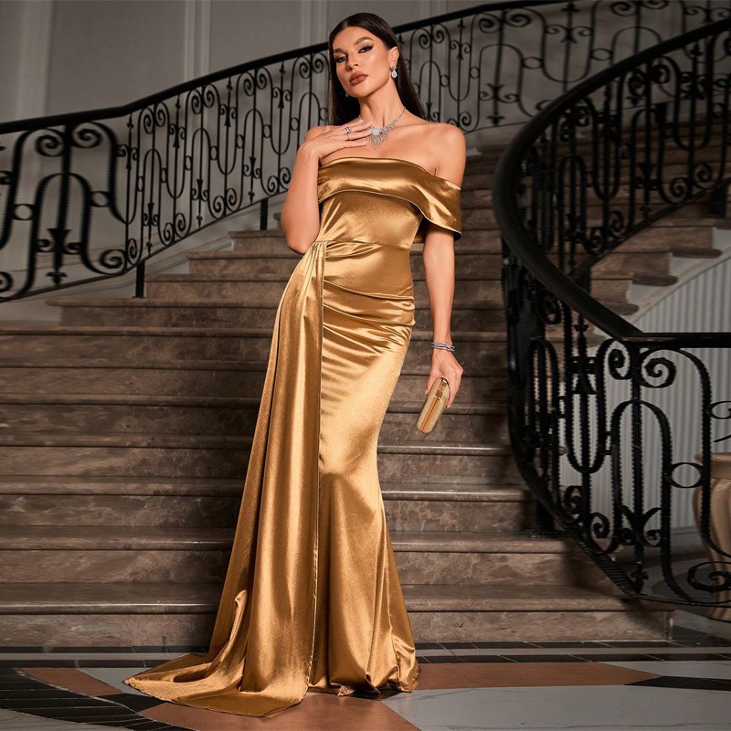 Maxct pirates vs sailors drees to impress Solid Color Satin off-Neck Tube Top High Waist Evening Dress Fishtail Dress Long Skirt Dress