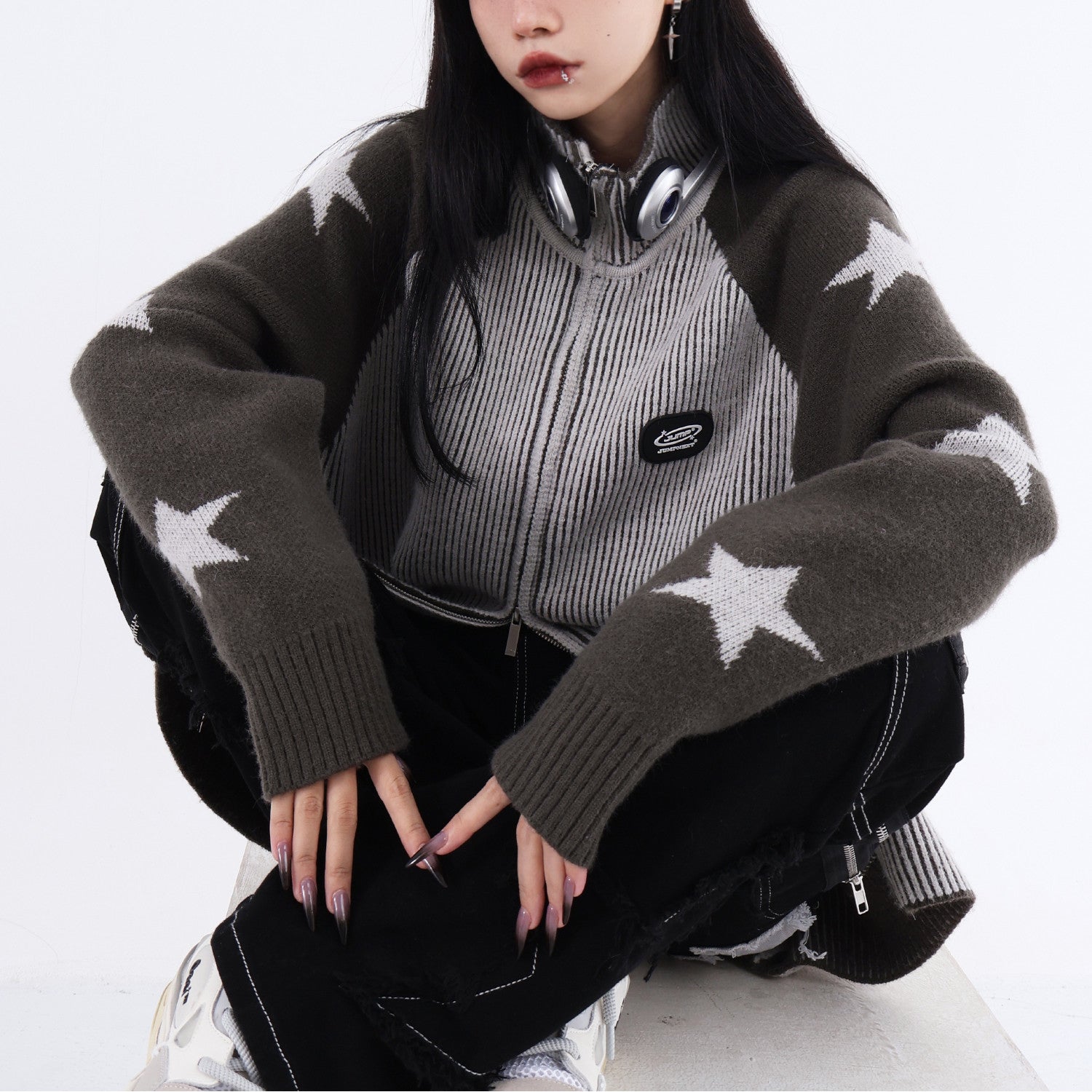 Maxct Knit Star Print Loose High Neck Cardigan