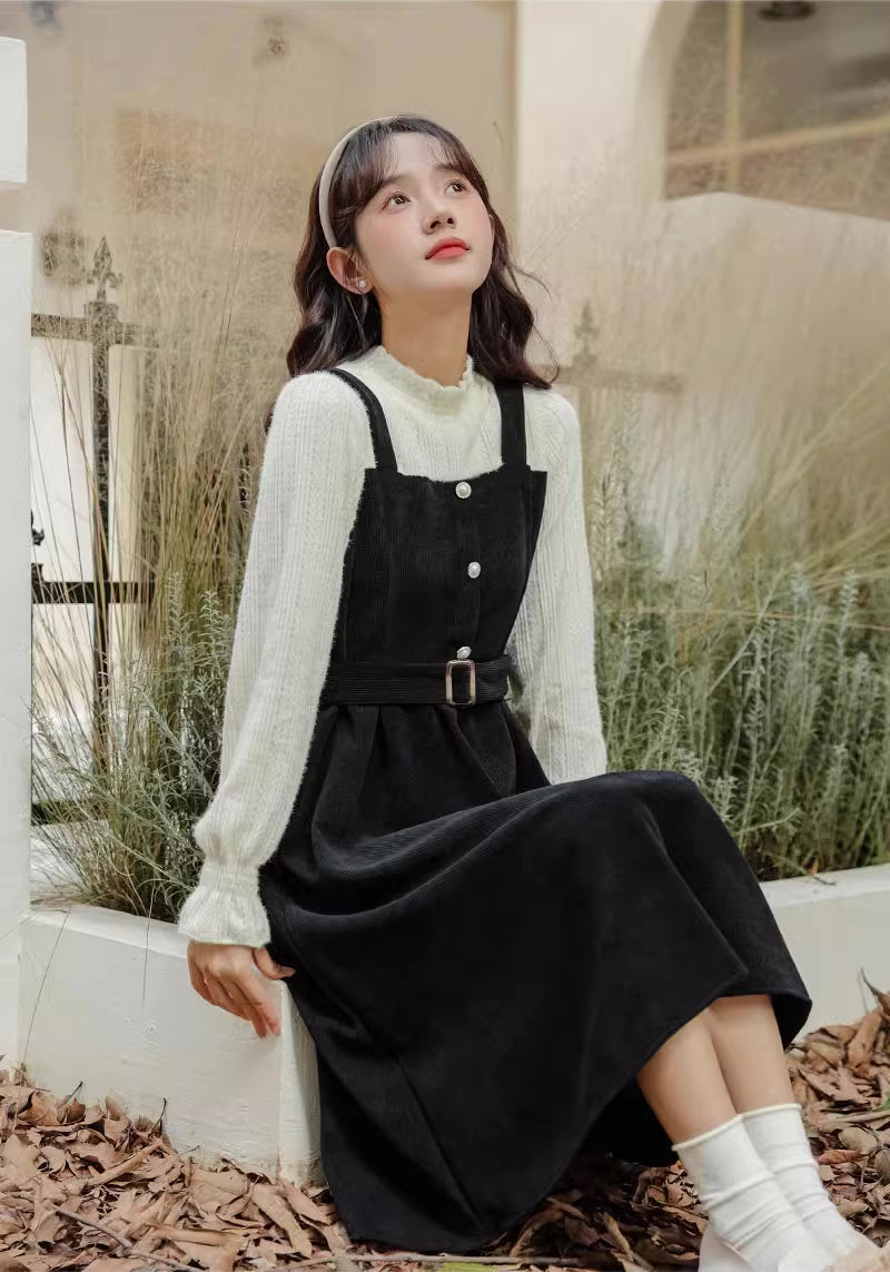 Corduroy Knit Belted Twofer Midi Dress Maxct