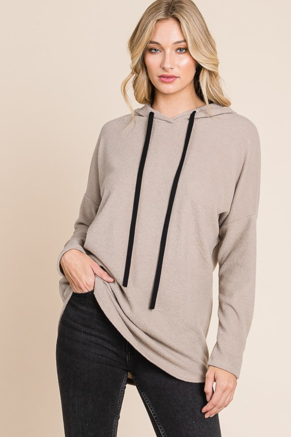 Maxct &BOMBOM Contrast Drawstring Drop Shoulder Knit Hoodie
