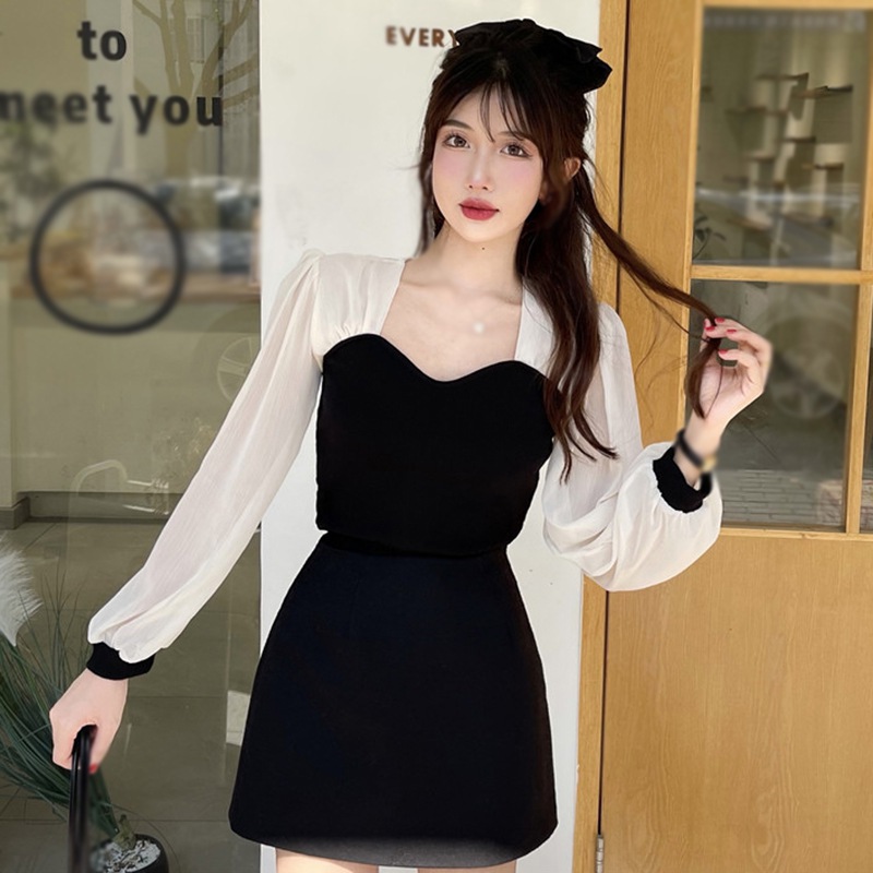 Maxct Autumn T Shirt for Women Square Neck Puff Sleeves Long Sleeves Blouse Chic Casual Tops