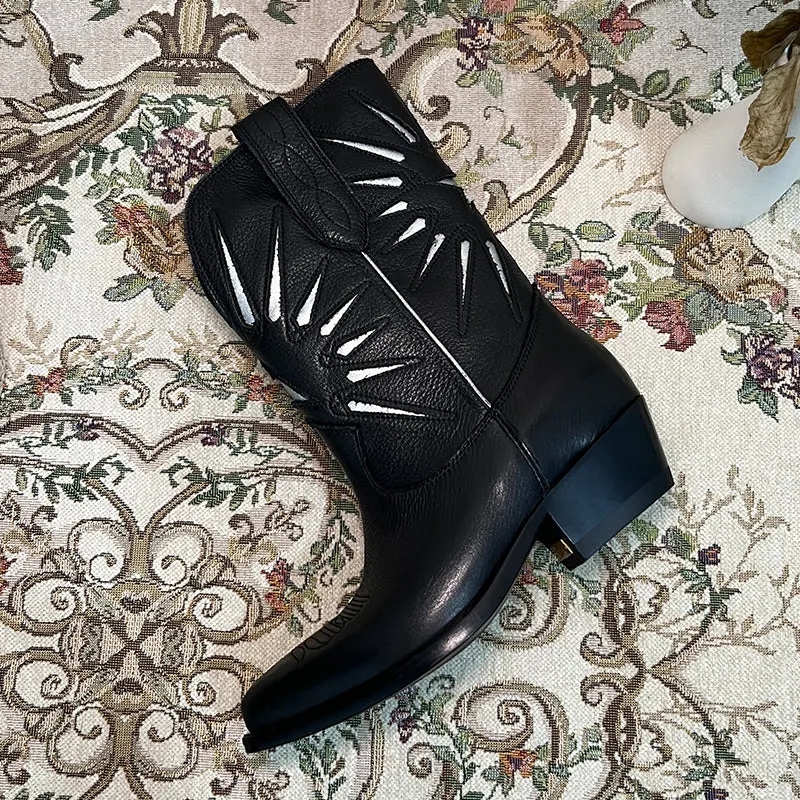 Womens Western Contrast-stitching Cowboy Boots - Suede Khaki/Black Cowgirl Boots Maxct