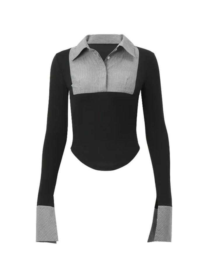 Maxct Stripe Splice Polo Neck Long Sleeve Blouse