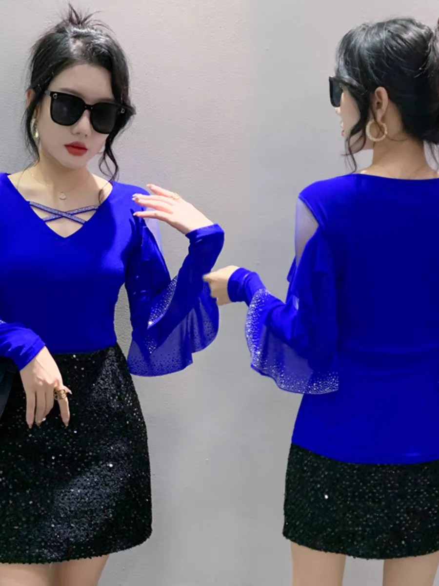 Maxct Spring Summer T-shirts Women V-neck Ruffles Long Sleeve Solid Mesh Elastic Tops Tees Female Fashion Diamonds T Shirt