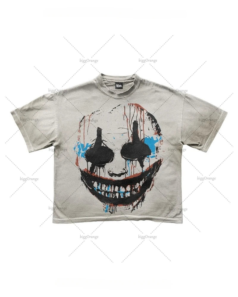 Maxct New Gothic American Retro Oversized T-shirt Men Y2k Cartoon Print Short-sleeved Men Spoof Punk Street Casual Loose Top Women