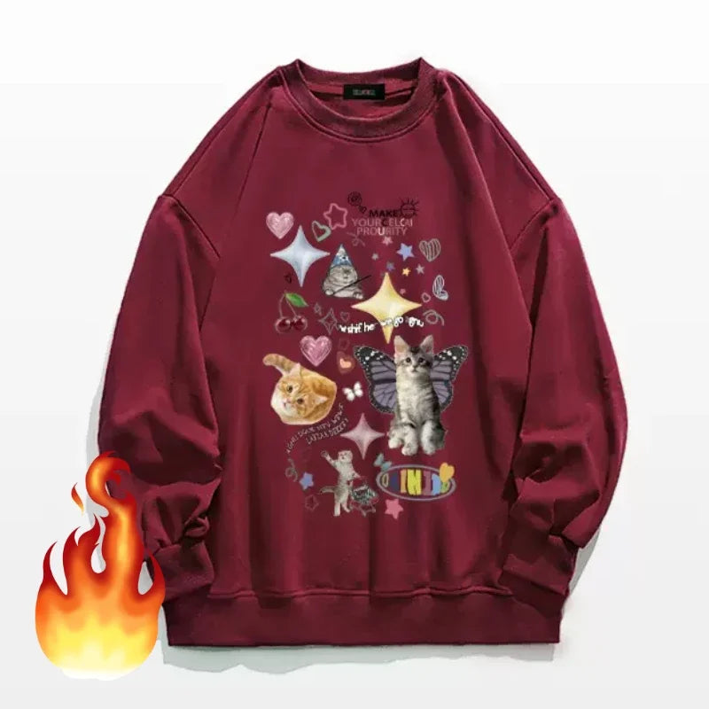 Maxct Kawaii Cat Print Hoodie Women Cutecore Long Sleeve Sweatshirt American Retro E-girl Kitten Angel Graphic Alt Clothes Y2k