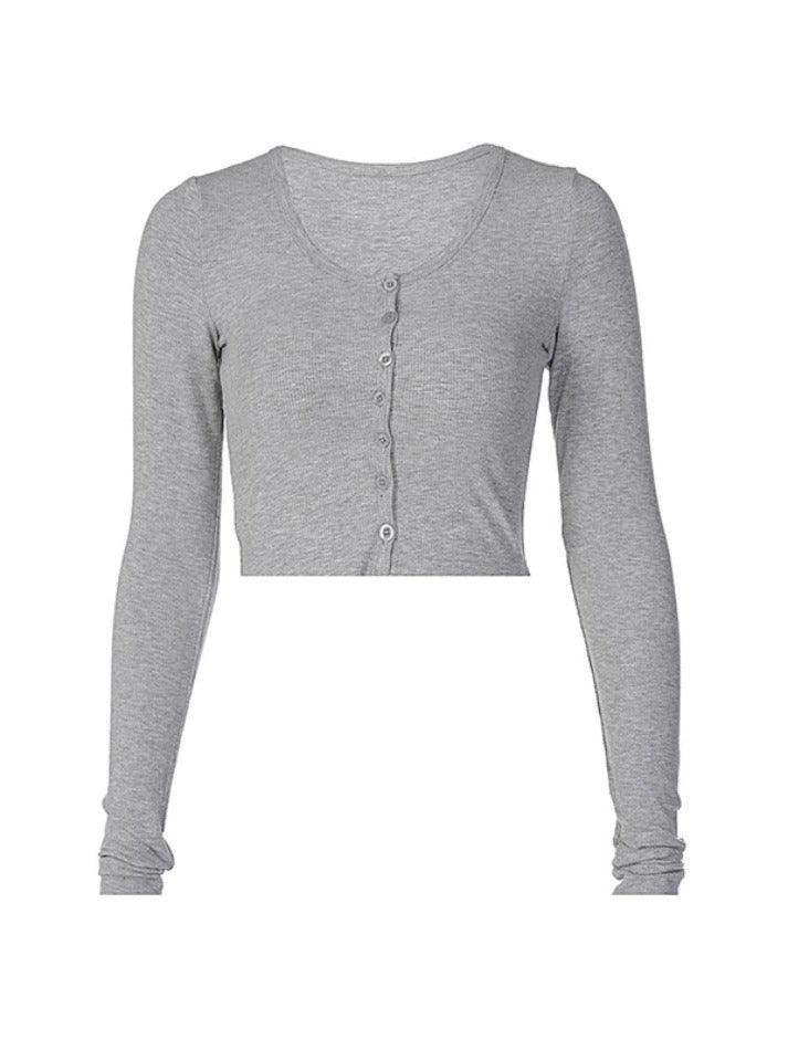 Maxct-Solid Color Breasted Crop Long Sleeve Shirt