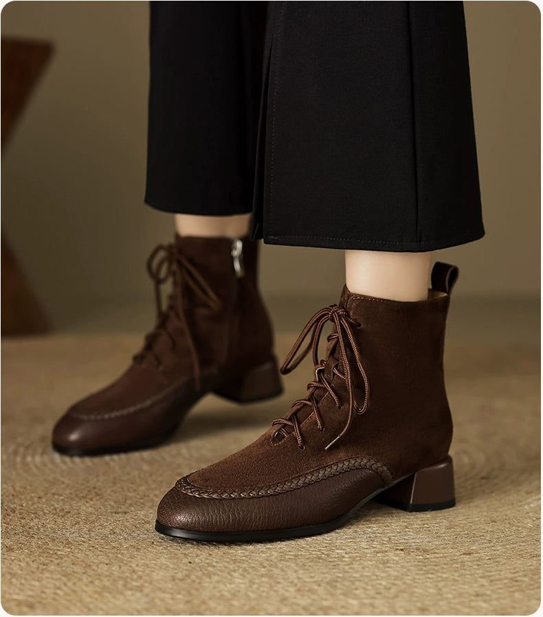 Maxct Retro Sheepskin Leather Sueded Chunky Boots