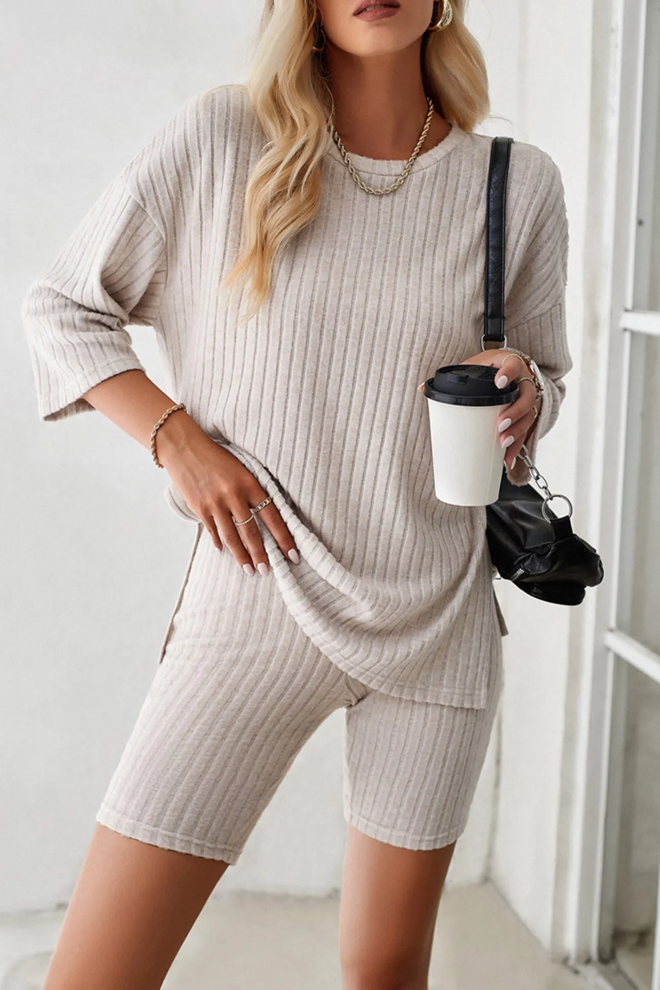 Maxct Ribbed Knit T-shirt Shorts Suits