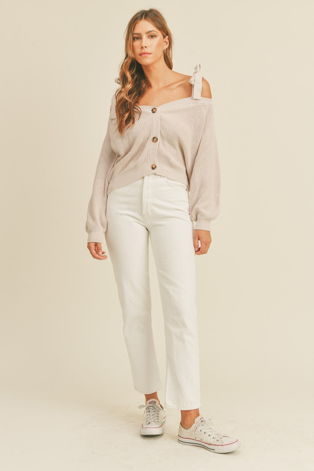 Maxct &MABLE Off Shoulder Self Tie Strap Button Down Sweater