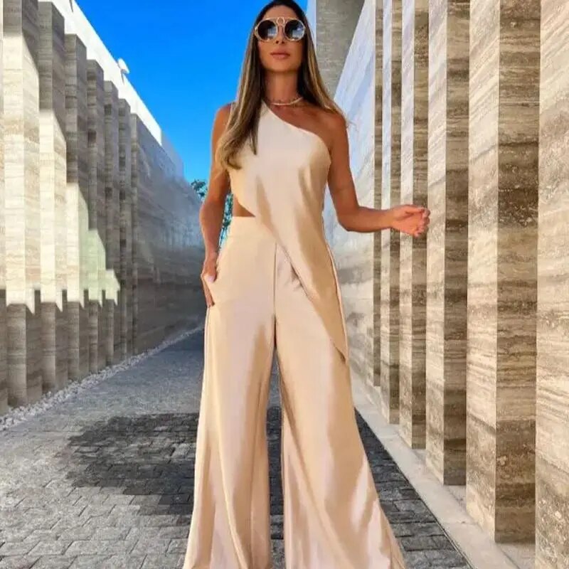 Maxct Solid Female Pant Two piece Set Skew Collar Sleeveless Top High Waist Wide Leg Pants Suit Elegant Evening Party Women Set
