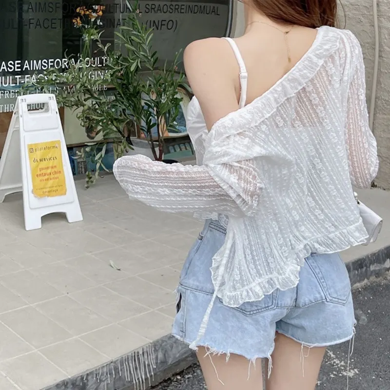 Maxct Thin Ruffles Tops Women Sunscreen Blouses Vintage Breathable Cropped All-match Basic Slim Tender Retro