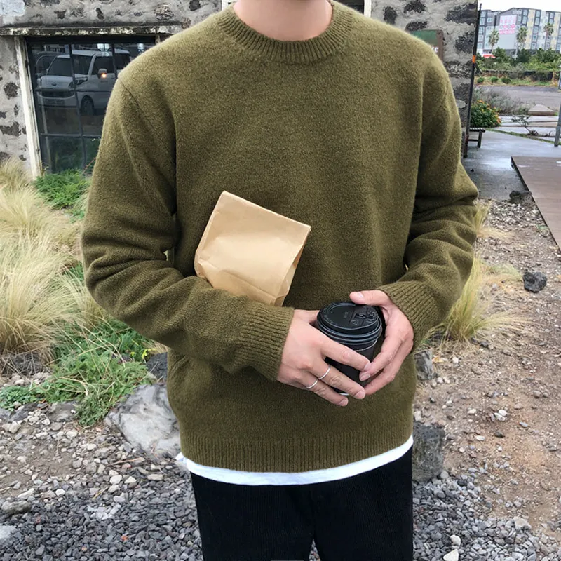 Maxct streetwear men outfits Sweater Men's Korean-Style Loose round Neck Solid Color Sweater Autumn and Winter Thickened Trendy Boys Bottoming Shirt outside