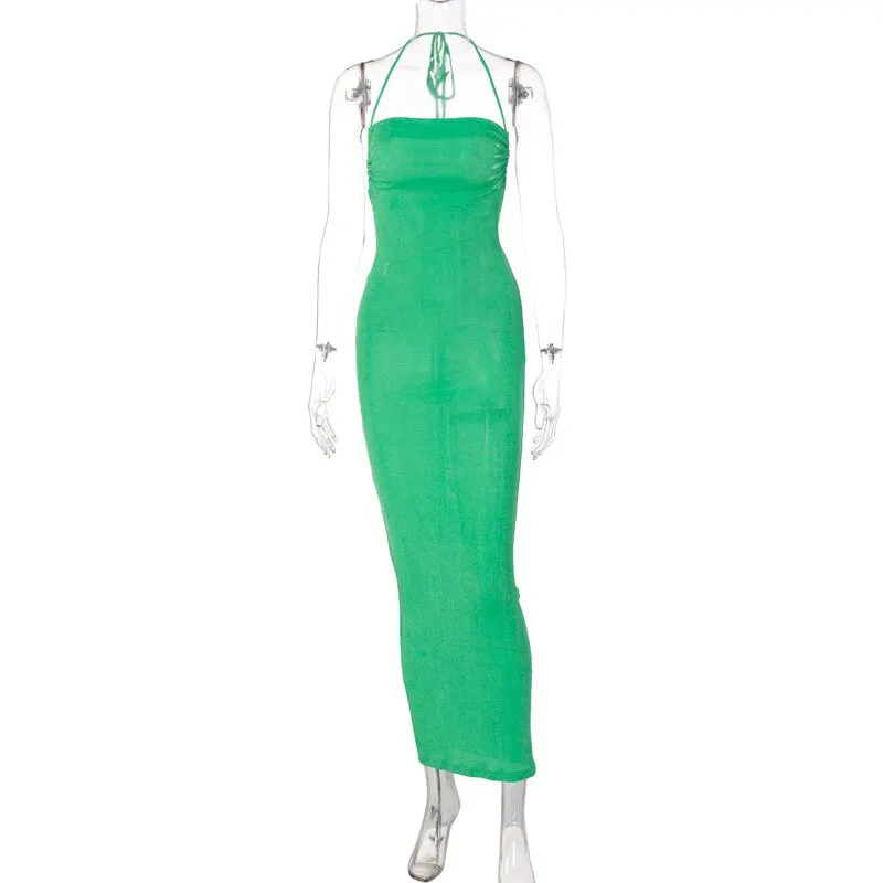 Elegant Fashion Halter Sexy Backless Draped Maxi Dress Women Summer Club Party Long Straps Shift Dresses Clothes