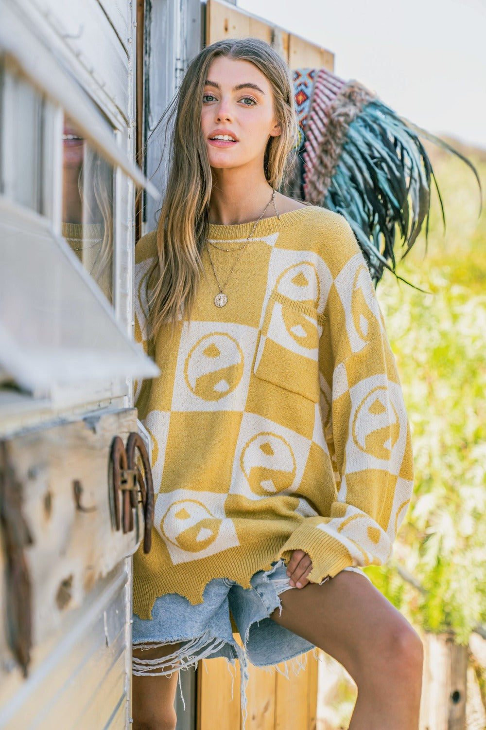 Maxct &And The Why Checkerboard Sweater with Yin Yang Pattern