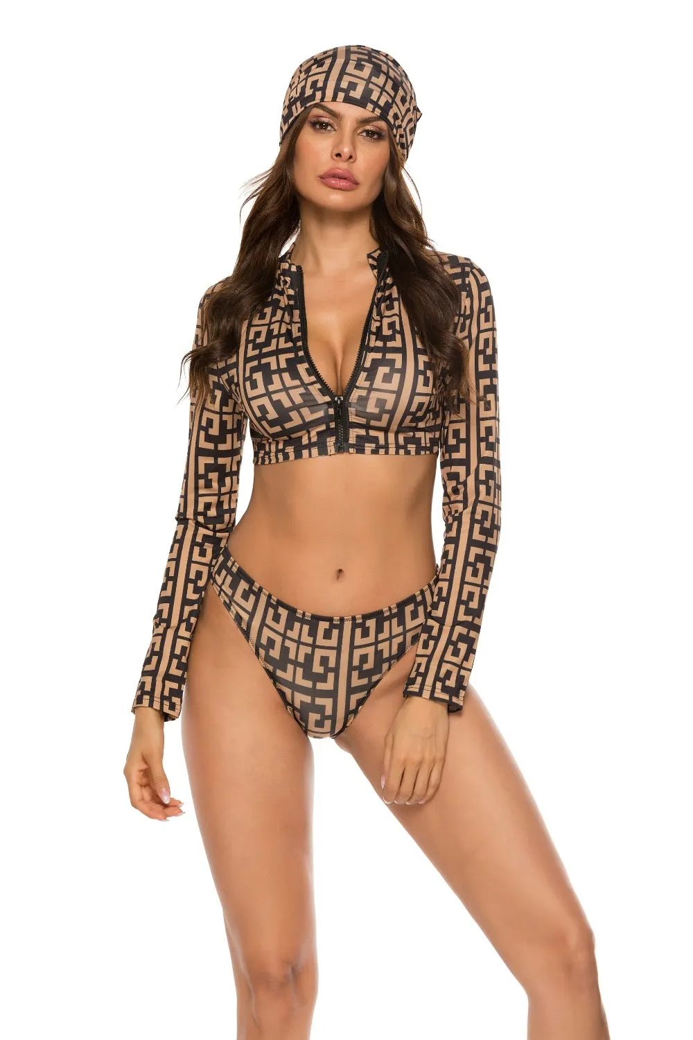 Maxct &Printed Zip Up Three-Piece Swim Set