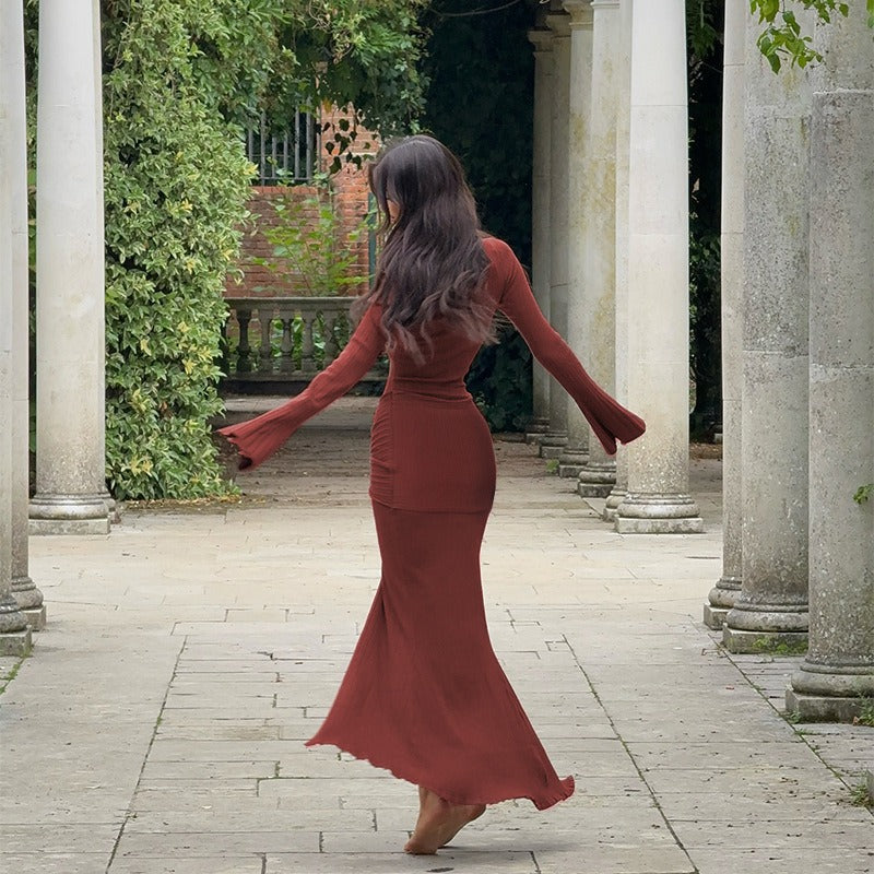 Twisted Round-Neck Long-Sleeved Slit Dress Maxct