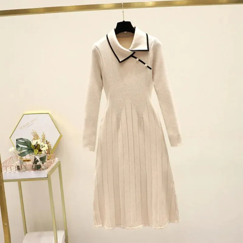 Maxct Winter New Knitted Bottoming Dress for Women High-end Temperament Lapel Long Sleeve Button Deco A-line Sweater Long Dress