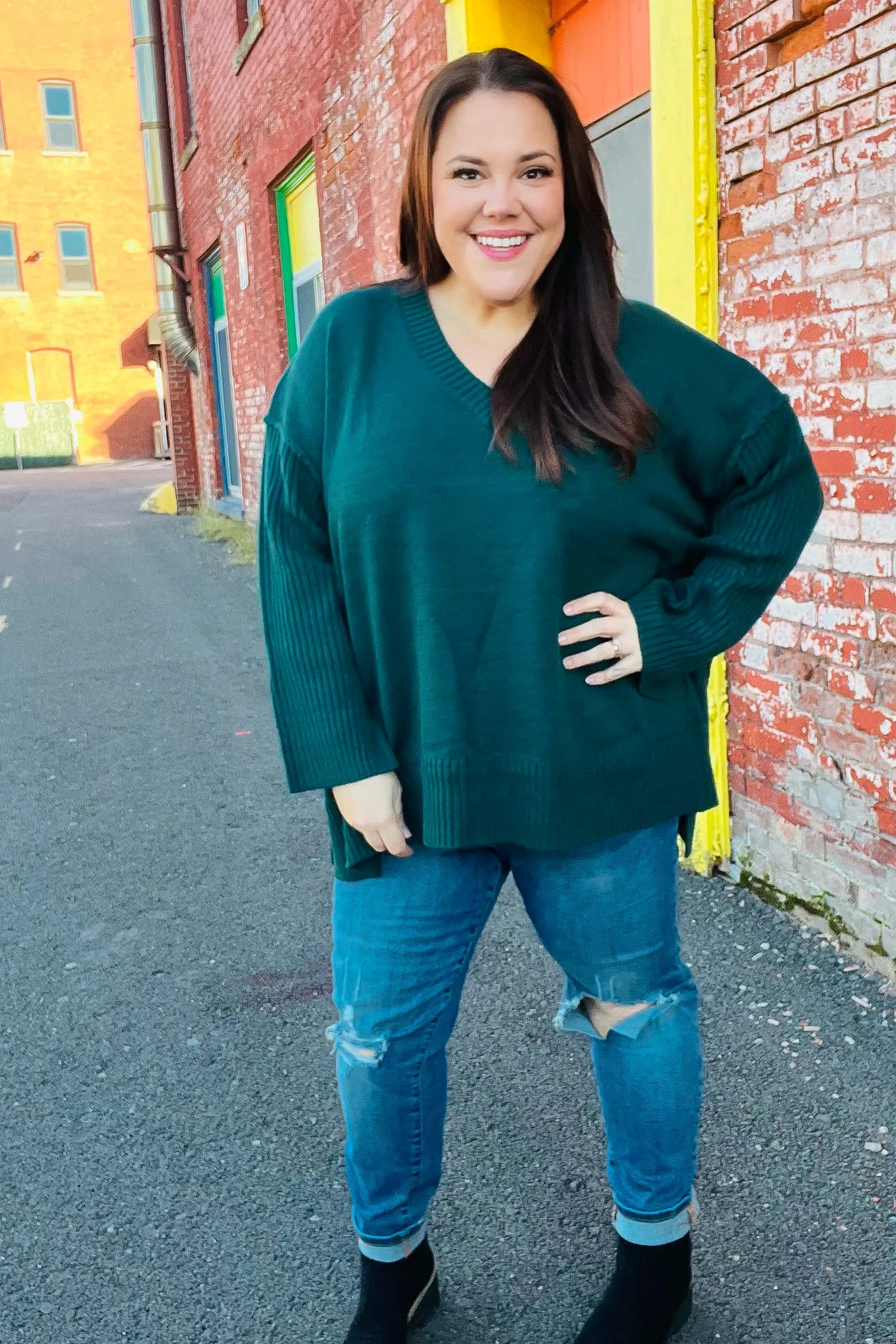 Maxct &Casual Chic Hunter Green Oversized V Neck Rib Knit Sweater