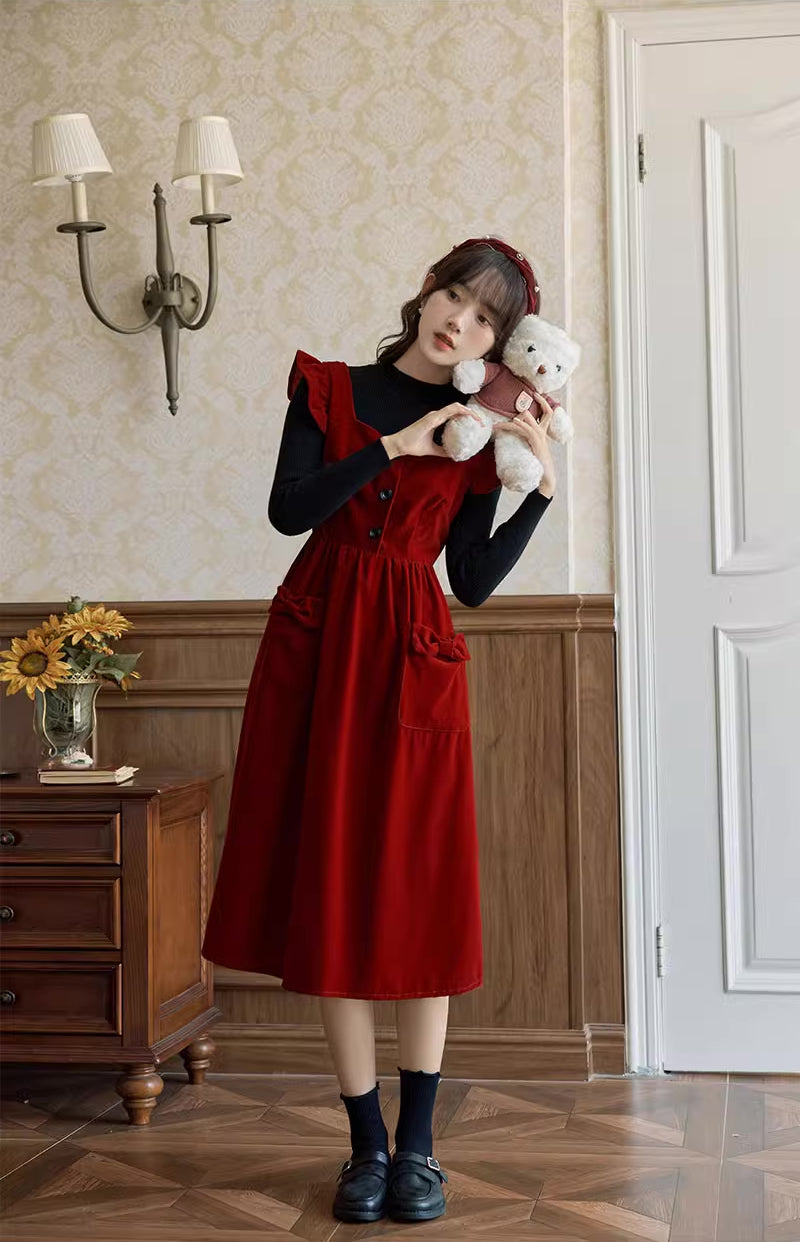 Velvet Frilly Bow Pinafore Dress Maxct