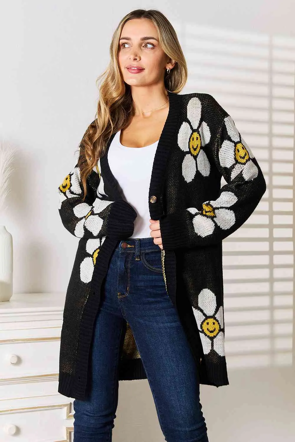 Maxct &Double Take Floral Button Down Longline Cardigan