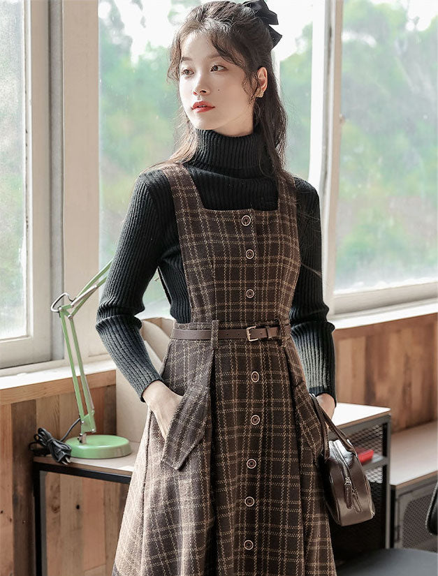 Button Up Plaid Pinafore Dress Maxct