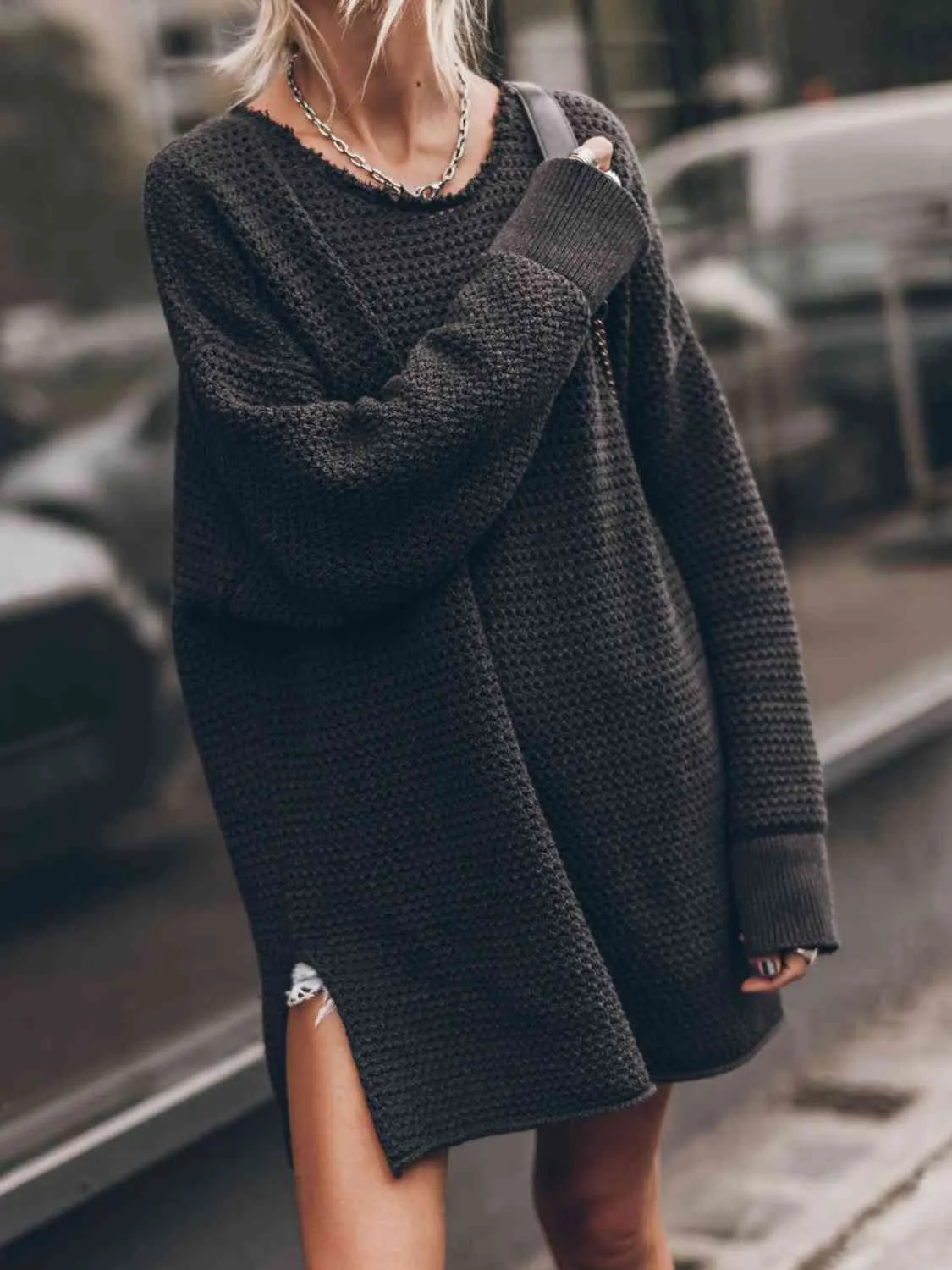 Maxct &Openwork Round Neck Long Sleeve Slit Sweater