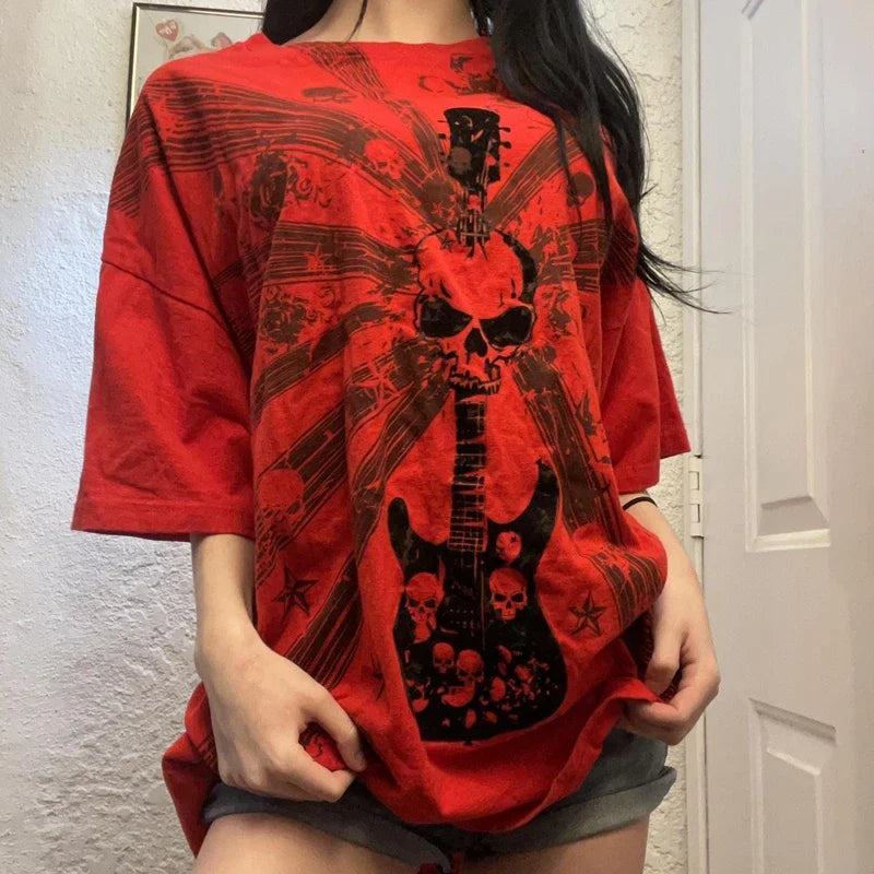 Maxct Punk Harajuku Grunge Short Sleeve Loose Tees E-girl Gothic Skulls Graphic Print T-shirt Y2K Aesthetic Vintage Pullovers Tops