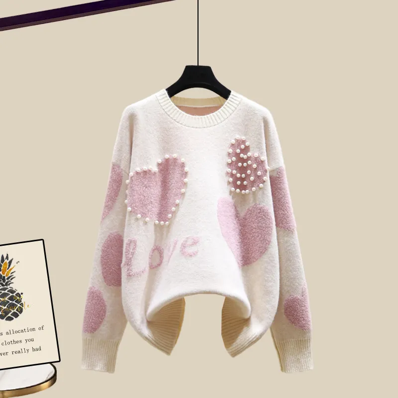 Maxct Lazy Sweater Two Piece set Women Sweet Heart-shaped beaded Pullover Jumper Top + Irregular Striped Skirt Knit 2PCS Sets