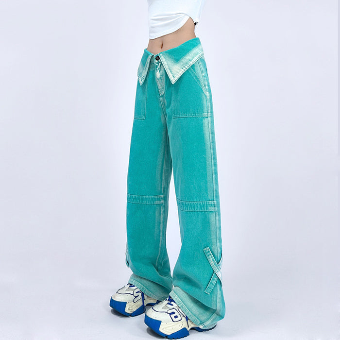 90's Kids Collar Wide Leg Jeans Maxct