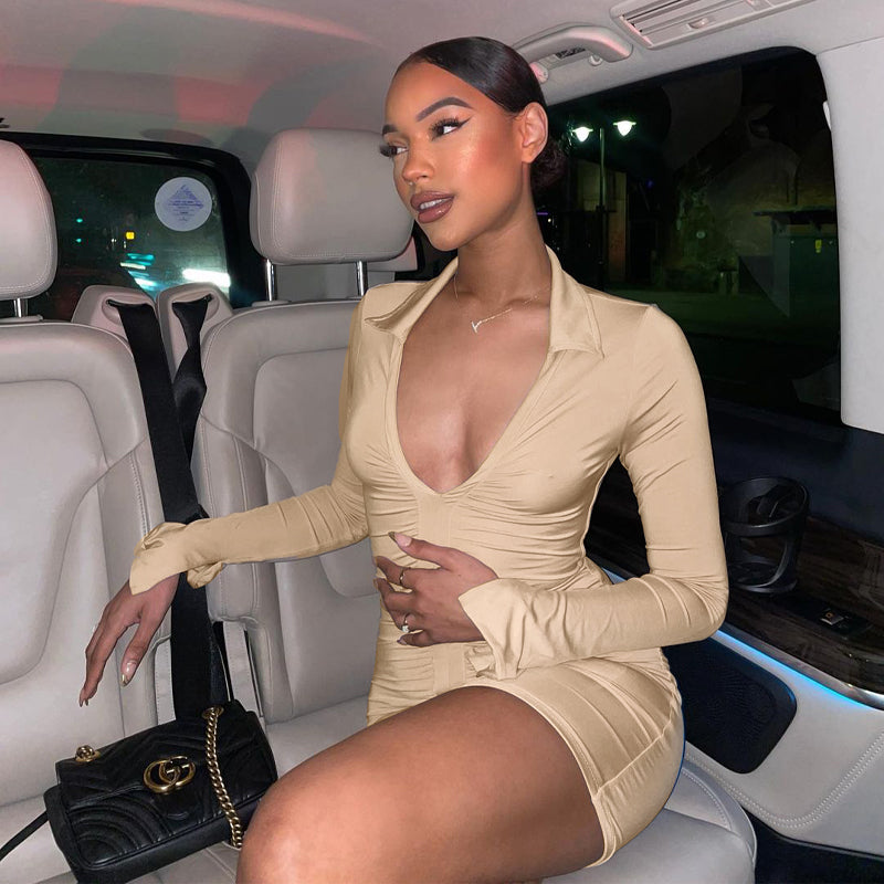 Voguable Solid Pleated Polo Neck Long Sleeves Mini Dress Streetwear Y2K Elegant Wear Maxct