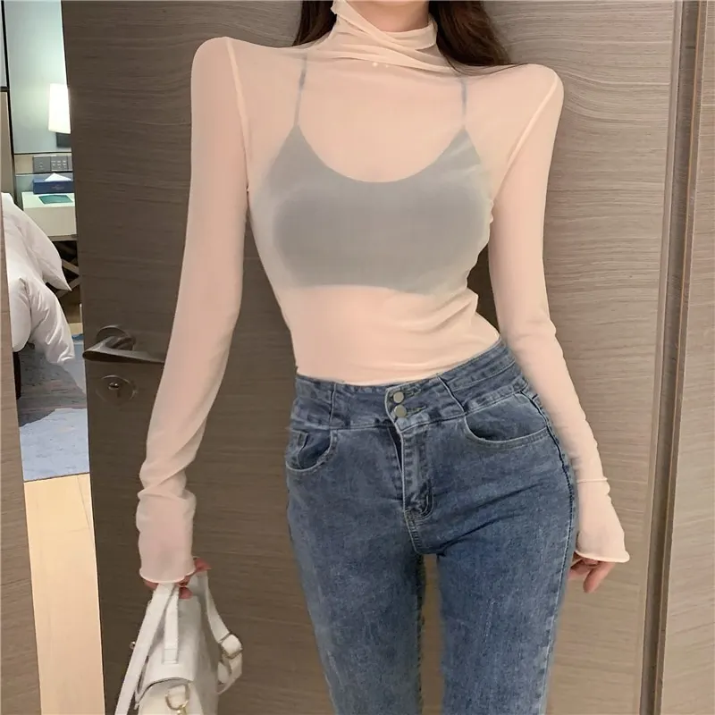 Maxct T Shirts Women Transparent Tops Long Sleeve Slim Turtleneck Stretchy T-Shirt Autumn Tees